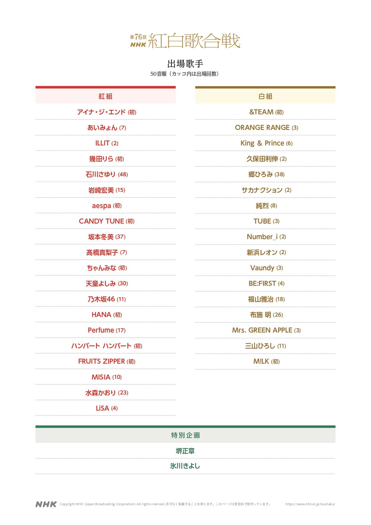NHK紅白歌合戦の出場歌手が発表されました|2025年第76回出場者一覧 第76回NHK紅白歌合戦 出場歌手